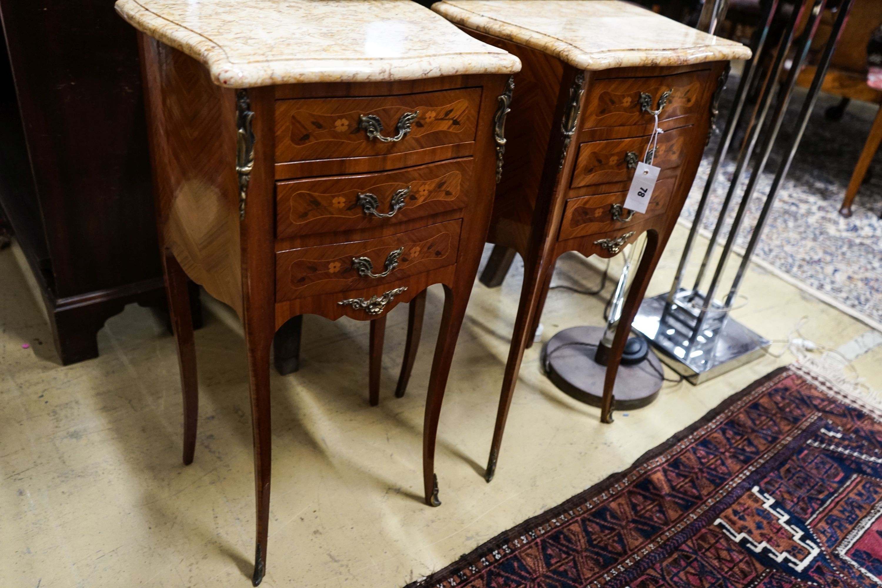 A pair of Louis XV design marquetry inlaid Kingwood marble top bedside chests, width 40cm, depth 30cm, height 73cm